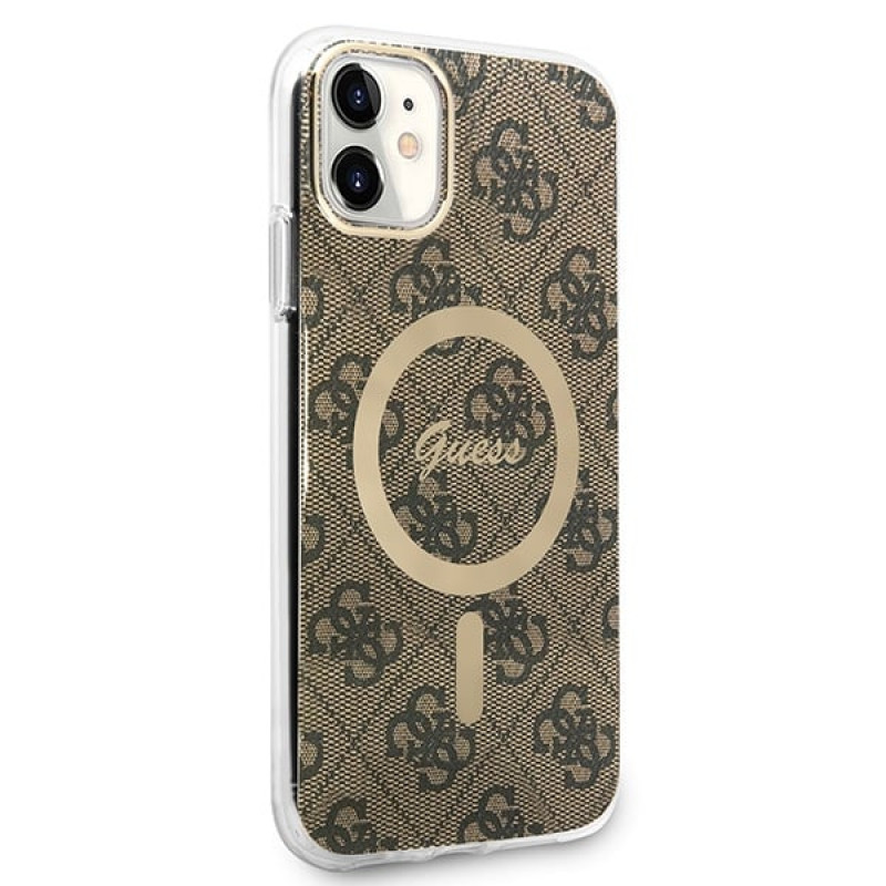 Guess GUBPN61H4EACSW Hoesje + draadloze oplader voor Apple iPhone 11, 4G Print, bruin hardcase, MagSafe