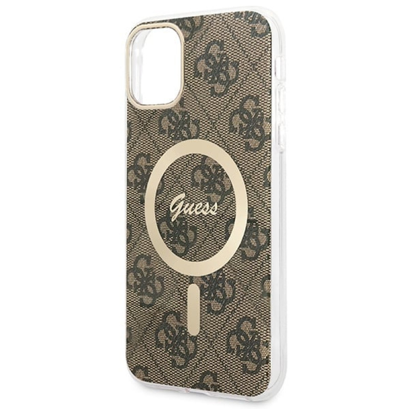 Guess GUBPN61H4EACSW Hoesje + draadloze oplader voor Apple iPhone 11, 4G Print, bruin hardcase, MagSafe