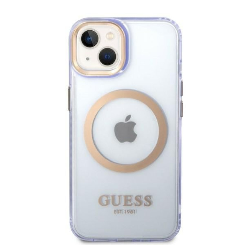 Guess GUHMP14SHTCMU Apple iPhone 14 paarse hardcase, Gold Outline Translucent, MagSafe