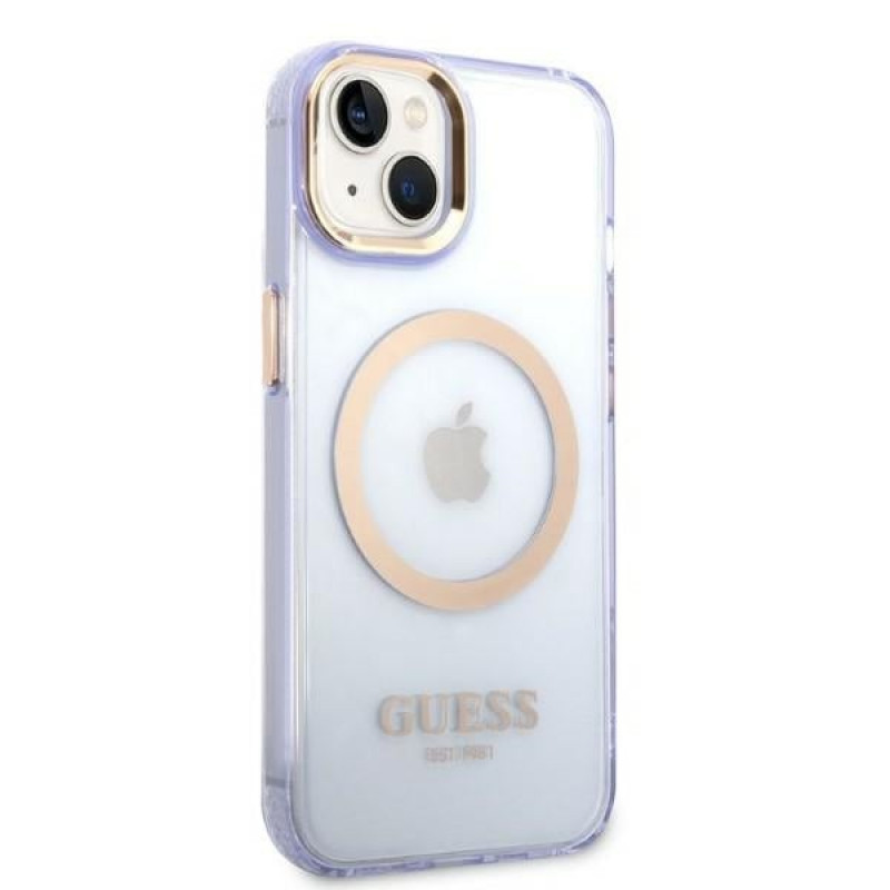 Guess GUHMP14SHTCMU Apple iPhone 14 paarse hardcase, Gold Outline Translucent, MagSafe