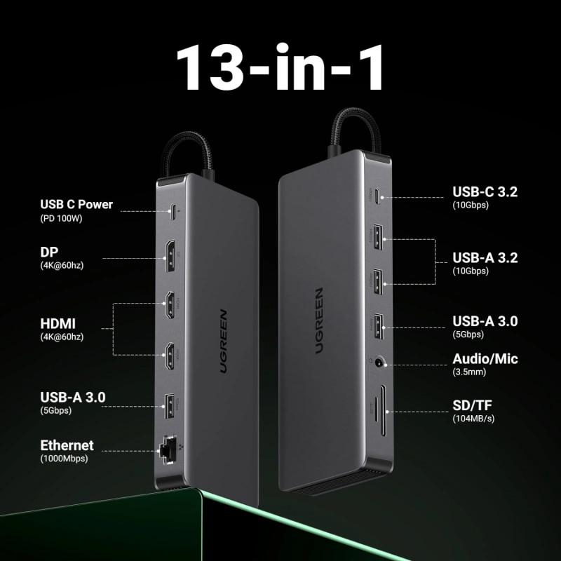 Ugreen Revodok Pro 313 USB-C laptop-dockingstation (15978), UGR1851, 100 W, grijs