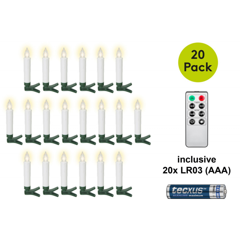 Goobay 75258 draadloze LED-kerstboomkaarsen (20 st.), incl. 20x AAA (LR03), clips, afstandsbediening, timer, dimbaar, warm wit (2600 K)