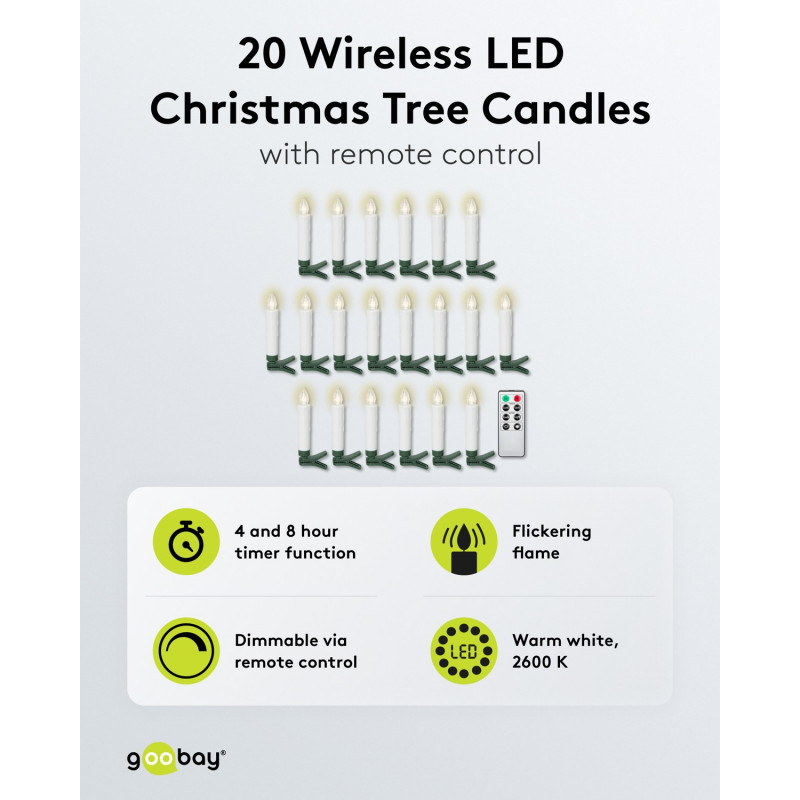 Goobay 75258 draadloze LED-kerstboomkaarsen (20 st.), incl. 20x AAA (LR03), clips, afstandsbediening, timer, dimbaar, warm wit (2600 K)