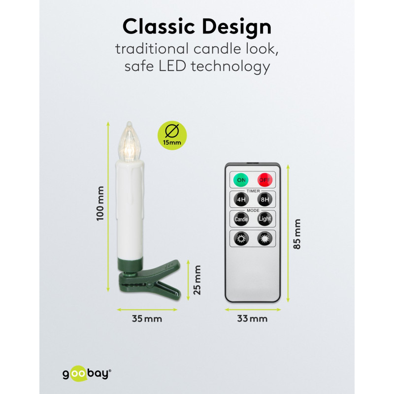 Goobay 75258 draadloze LED-kerstboomkaarsen (20 st.), incl. 20x AAA (LR03), clips, afstandsbediening, timer, dimbaar, warm wit (2600 K)