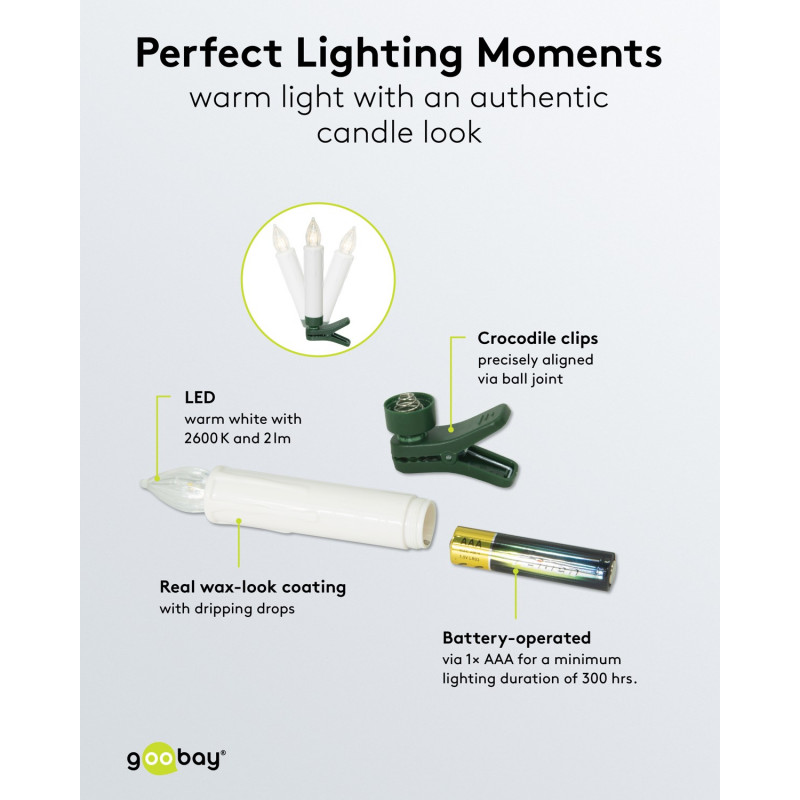 Goobay 75258 draadloze LED-kerstboomkaarsen (20 st.), incl. 20x AAA (LR03), clips, afstandsbediening, timer, dimbaar, warm wit (2600 K)