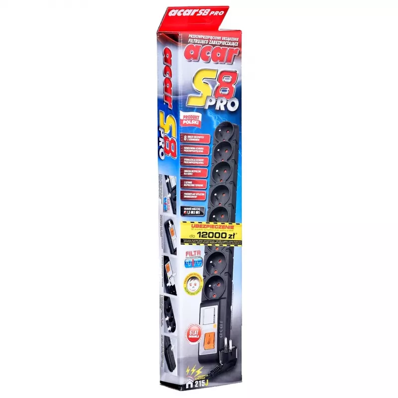 Acar S8 PRO 1,5m overspanningsbeveiliging - 8 Schuko-stopcontacten, zwart