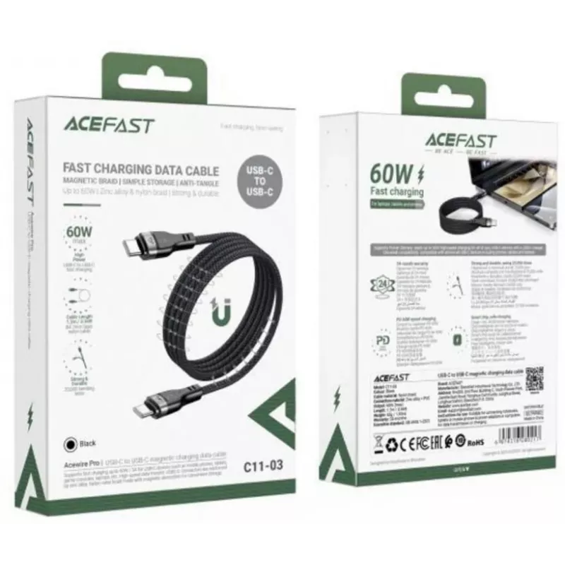 Acefast C11-03 3in1 USB-C naar USB-C-kabel 100W 480Mbps 1,2m zwart