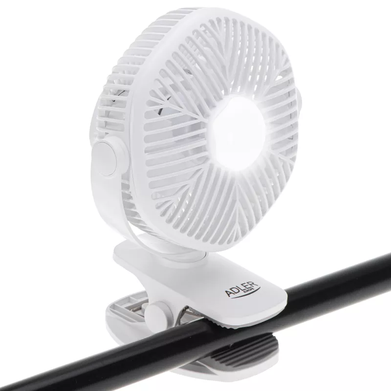 Adler AD 7335 oplaadbare klemventilator, 6W, 12,7 cm, 3 snelheden, oscillatie, wit
