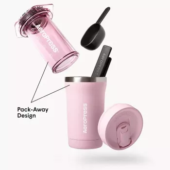 AeroPress Go Plus koffiezetapparaat met roze thermobeker 475 ml