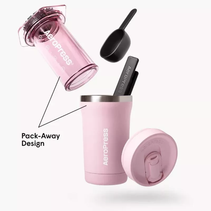 AeroPress Go Plus koffiezetapparaat met roze thermobeker 475 ml