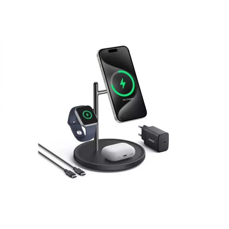 Anker MagGo B25M3312 3-in-1 Qi2-laadstation, 15 W voor smartphone, zwart
