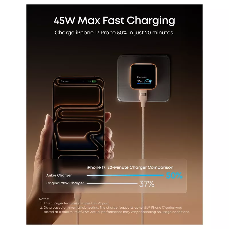Anker Nano Charger 45W GaN USB-C-oplader met ActiveShield 5.0, Touch-Sensor, SmartDisplay, iPhone-herkenning, oranje