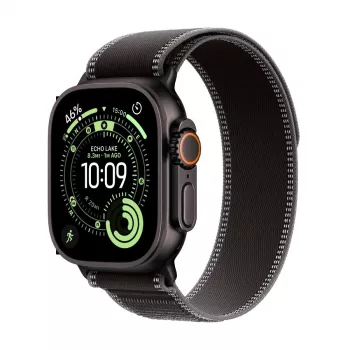 Apple Watch Ultra 3 GPS + Cellular 49mm Black Titanium Case met Black/Charcoal Trail Loop - Large (Model A3281, MF1H4QR/A)