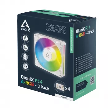 Arctic BioniX P14 A-RGB (Wit) 3-pack | 140-mm PWM-behuizingsventilator met A-RGB-verlichting, 400-2500 tpm