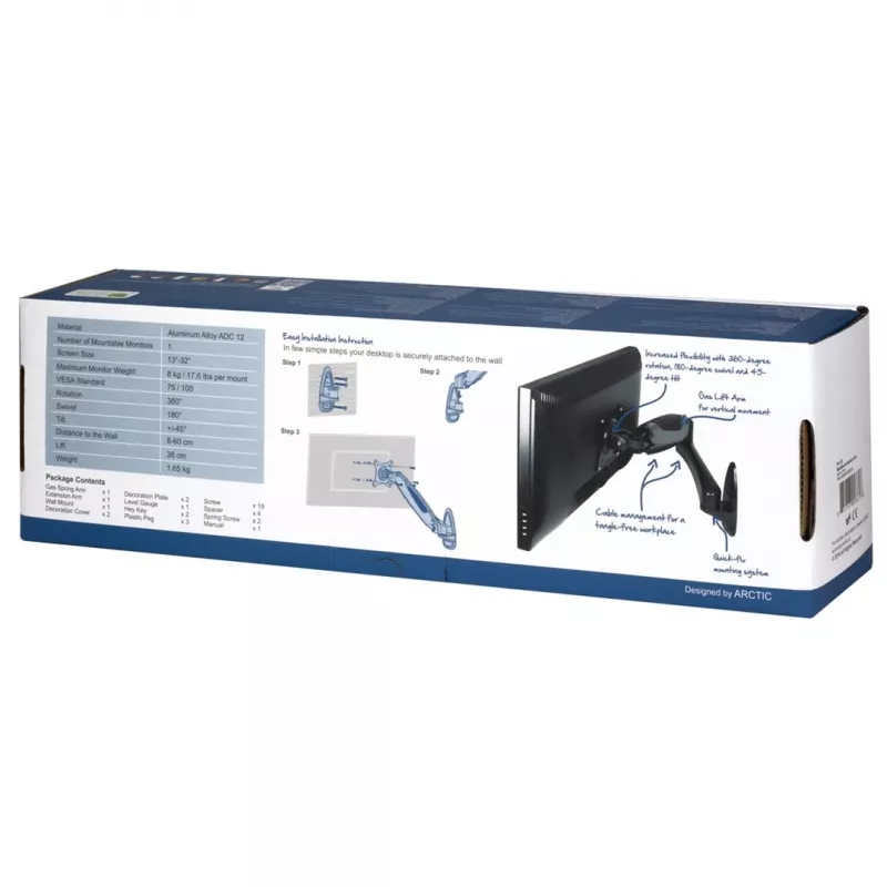 ARCTIC W1-3D monitorbeugel voor wandmontage