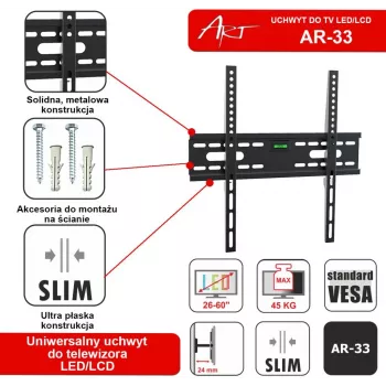 ART AR-33 Vaste wandbeugel voor 26-60 inch lcd/led-televisies, 45 kg, VESA 400x400, slank 24 mm profiel, zwart