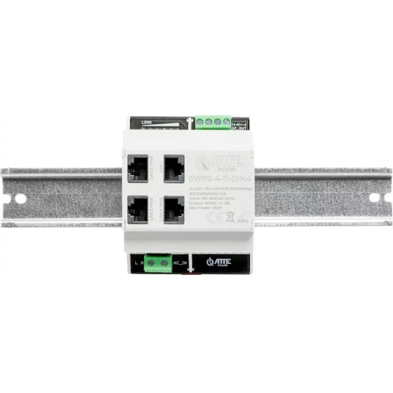 ATTE SWPS-4-11-DIN4 Industrial 4-poorts PoE+ switch met geïntegreerde voeding, DIN-railmontage, 60W budget