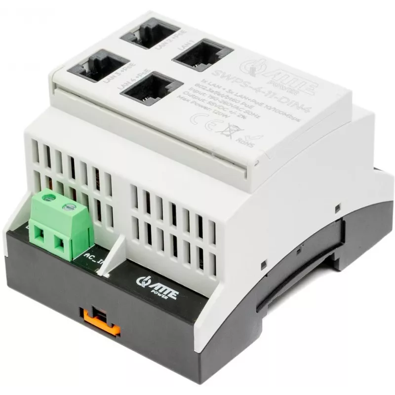 ATTE SWPS-4-11-DIN4 Industrial 4-poorts PoE+ switch met geïntegreerde voeding, DIN-railmontage, 60W budget