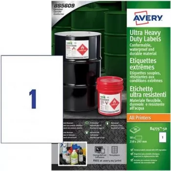 Avery Zweckform B4775-50 A4 witte polyethyleen-folieetiketten, permanente lijm, laser/kopieerapparaat, 50 etiketten, 210 x 297 mm