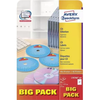 Avery Zweckform L7676A-40P CD/DVD-etiketten, Ø 117 mm, wit, 40 blad / 80 etiketten, A4, inkjet & laser