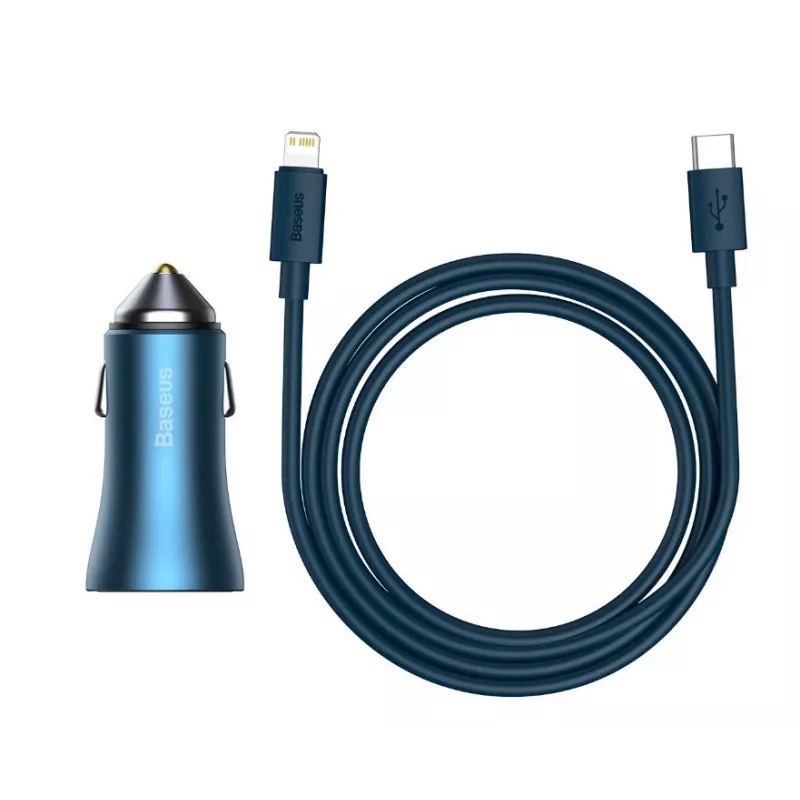 Baseus Golden Contactor Pro dual quick autolader 40W met USB-C naar Lightning kabel 1m blauw