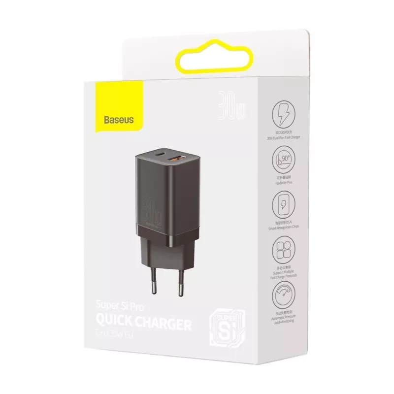 Baseus Super Si Pro Mini snellader 30W, USB-C + USB-A, PD 3.0, QC 3.0, EU-stekker, zwart (CCSUPP-E01)