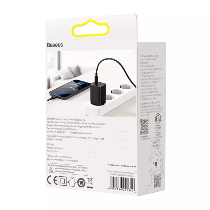 Baseus Super Si Pro Mini snellader 30W, USB-C + USB-A, PD 3.0, QC 3.0, EU-stekker, zwart (CCSUPP-E01)