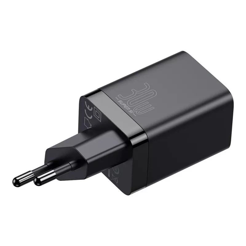 Baseus Super Si Pro Mini snellader 30W, USB-C + USB-A, PD 3.0, QC 3.0, EU-stekker, zwart (CCSUPP-E01)