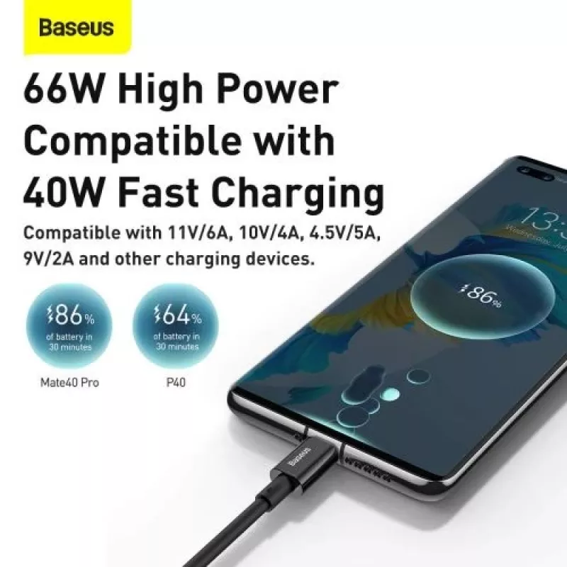 Baseus Superior Series USB-A naar USB-C snellaad- en datakabel, 66W (11V/6A), 2m, zwart (CATYS-A01)