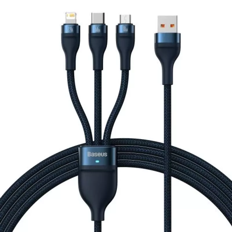Baseus universele kabel Flash Series II 3-in-1 snellaad- en datakabel (USB-A naar Micro + Lightning + Type-C) 66W, 480mbps, 1,2m, blauw (CASS040003)