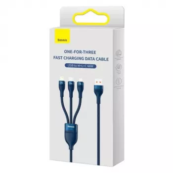 Baseus universele kabel Flash Series II 3-in-1 snellaad- en datakabel (USB-A naar Micro + Lightning + Type-C) 66W, 480mbps, 1,2m, blauw (CASS040003)