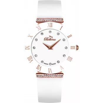BELLEVUE E120 dames analoog quartz horloge 26mm roestvrijstalen kast witte wijzerplaat zwarte leren band