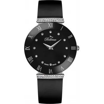BELLEVUE E126 Dames analoog quartz horloge 26mm zilveren wijzerplaat zwarte leren band
