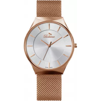 BELLEVUE E54 Dames Quartz Analoog Horloge 32mm Edelstaal kast Zwart leren bandje
