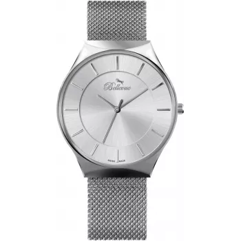 BELLEVUE E56 heren analoog quartzhorloge 32mm RVS behuizing zwarte wijzerplaat echt leren band