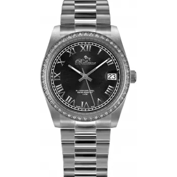 BELLEVUE H1 dames quartzhorloge 35mm zilveren wijzerplaat zwart lederen band