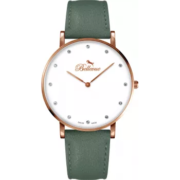 BELLEVUE dames B57 40mm quartz analoog horloge zilveren wijzerplaat zwart leer