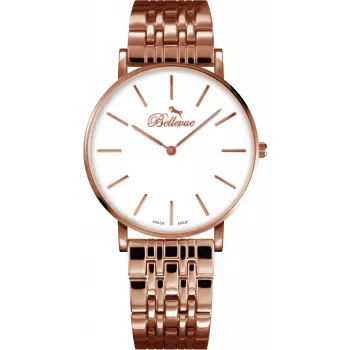BELLEVUE Woman D32 40 mm quartz analoog horloge zilverkleurige wijzerplaat zwart leren band
