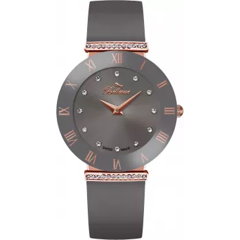 BELLEVUE Woman E112 quartz analoog horloge 25 mm zilveren wijzerplaat zwarte leren band