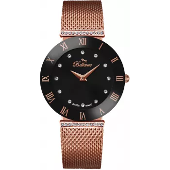 BELLEVUE Dames F102 26mm quartz analoog horloge witte wijzerplaat zwarte leren band