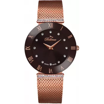 BELLEVUE dames F103 33mm quartz analoog horloge - witte wijzerplaat zwart leer