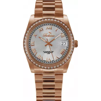 BELLEVUE Woman I28 (28mm) quartz polshorloge analoog - zilveren wijzerplaat, zwarte leren band