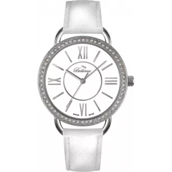 BELLEVUE dames A69 quartzhorloge 38mm witte wijzerplaat zwart leer