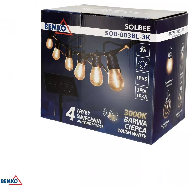 BEMKO SOLBEE zonne-LED-tuinlichtsnoer 10 LEDs 10m warmwit 3000K IP65 zwart