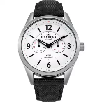 BEN SHERMAN Heren quartz analoog horloge WB069WB 45 mm zwarte wijzerplaat zwarte leren band