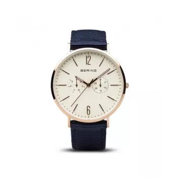 Bering heren Classic quartz horloge 40mm blauwe wijzerplaat roségoud edelstaal mesh 14240-864B