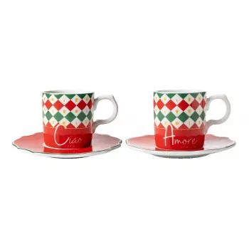 Bialetti Tricolore espressokopjesset met schoteltjes (2 kopjes, 2 schoteltjes)