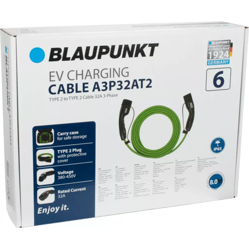 Blaupunkt Type 2 naar Type 2 EV-laadkabel 8m 32A 3-fasen 22kW (A3P32AT2)