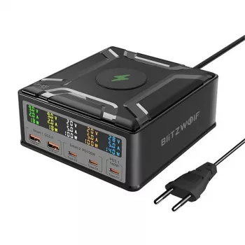 BlitzWolf BW-S28 260W GaN USB-C oplader, 2xUSB-A, 3xUSB-C, 15W draadloze oplader, zwart