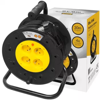 BLO PR-61 30m kabelhaspel met 4 randaarde stopcontacten, thermische beveiliging, 3x1,5mm² H05VV-F kabel, IP20, 16A/230V, max. 3680W afgerold